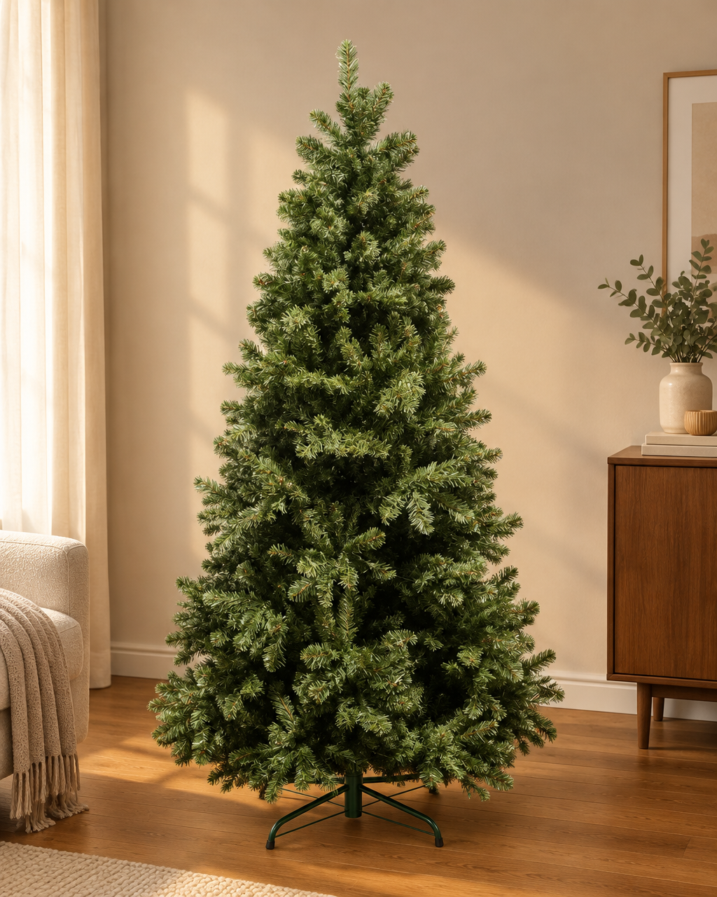 Sapin de Noël artificiel vert de 1,50 m dans un intérieur chaleureux