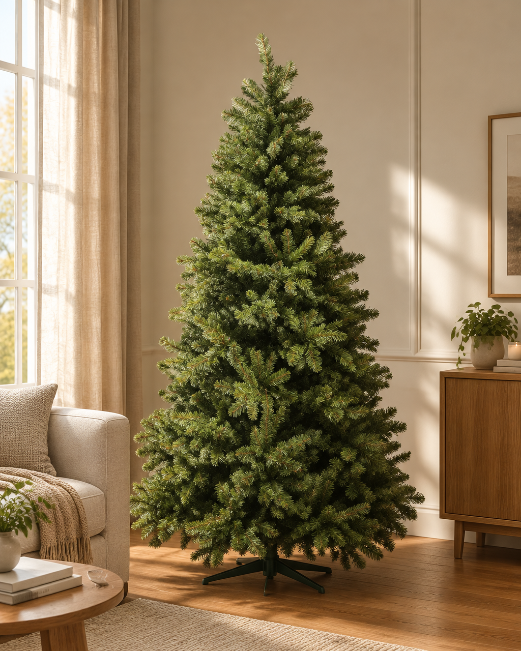 Sapin de Noël artificiel vert de 1,80 m dans un salon élégant