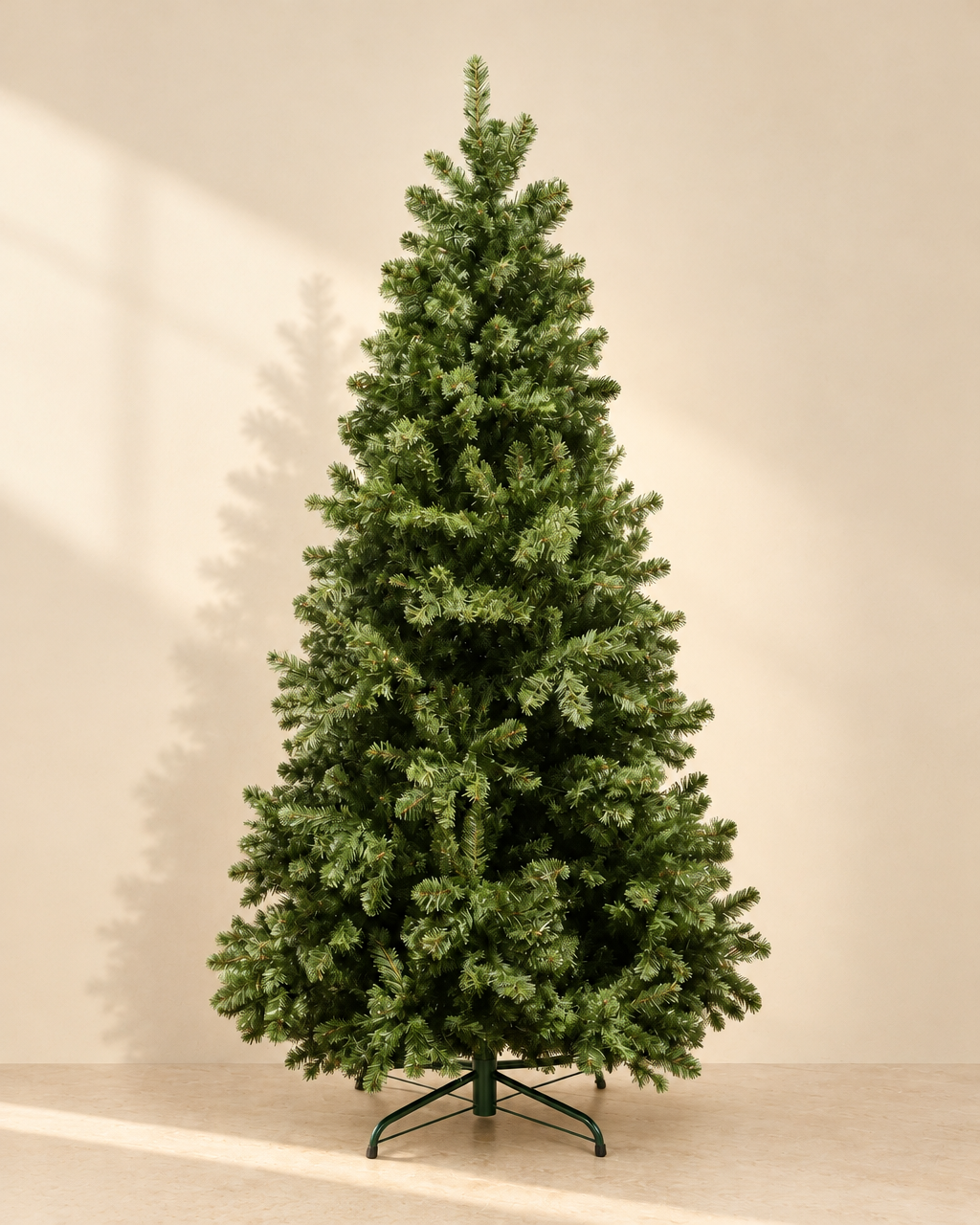 A photograph of the exact artificial fir tree in the reference, standing alone and fully visible wit