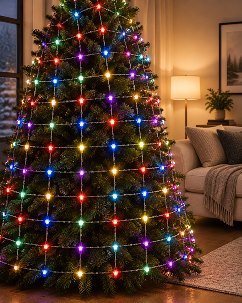 Guirlande LED filet USB installée sur un sapin dans un salon de Noël