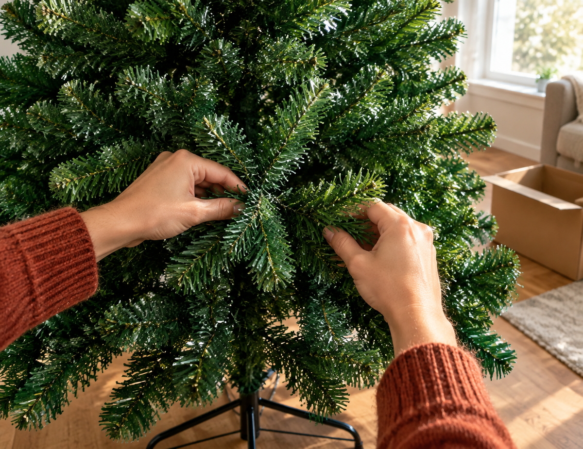 A close, real-room photograph of hands opening the branches of the artificial Christmas tree from re