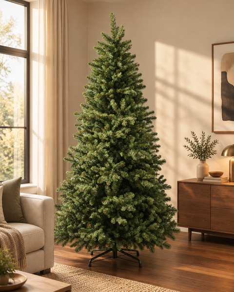 Sapin de Noël artificiel vert de 2,10 m dans un intérieur chaleureux