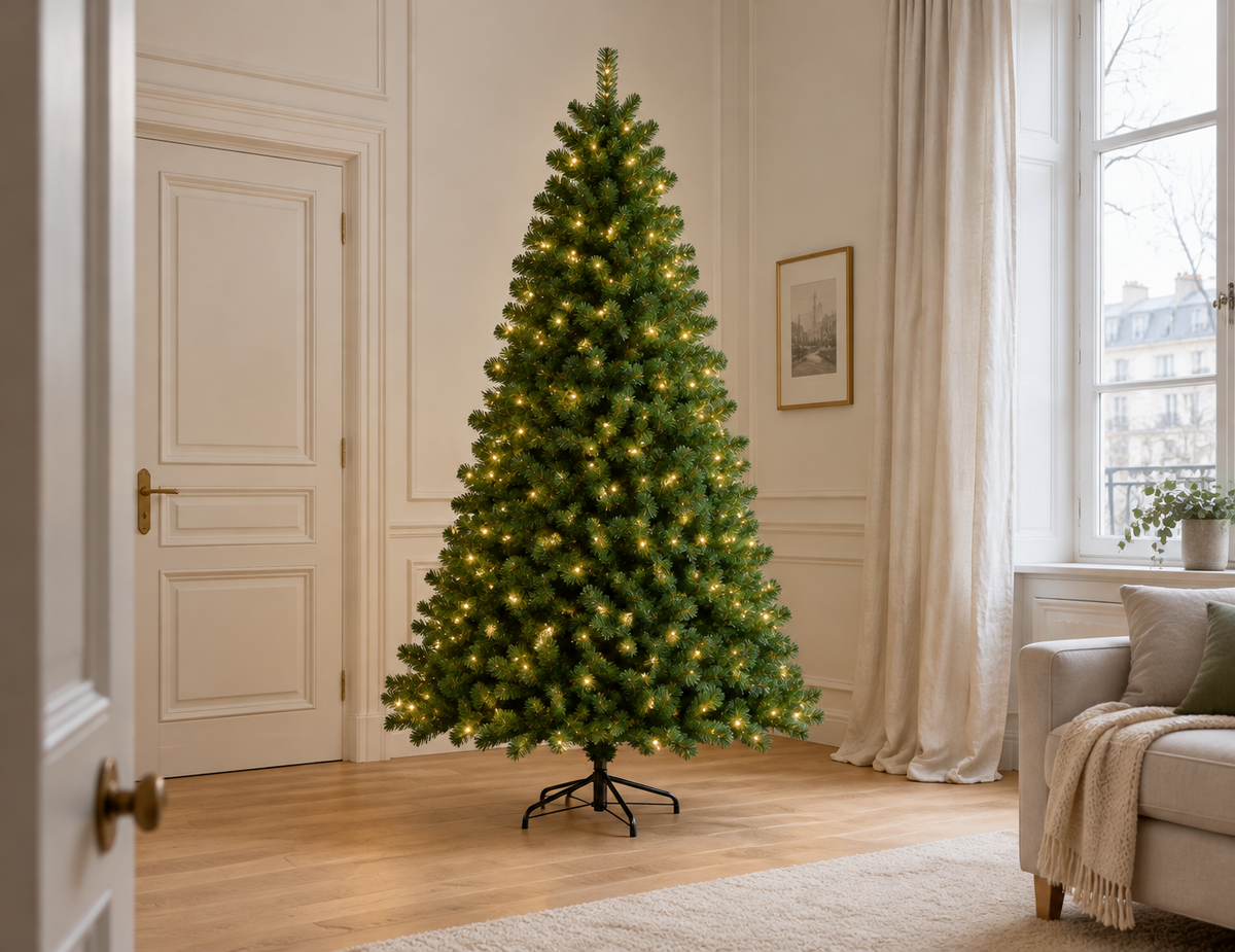 A room photograph of the 240 cm artificial Christmas tree from reference r23, with its full dark-gre
