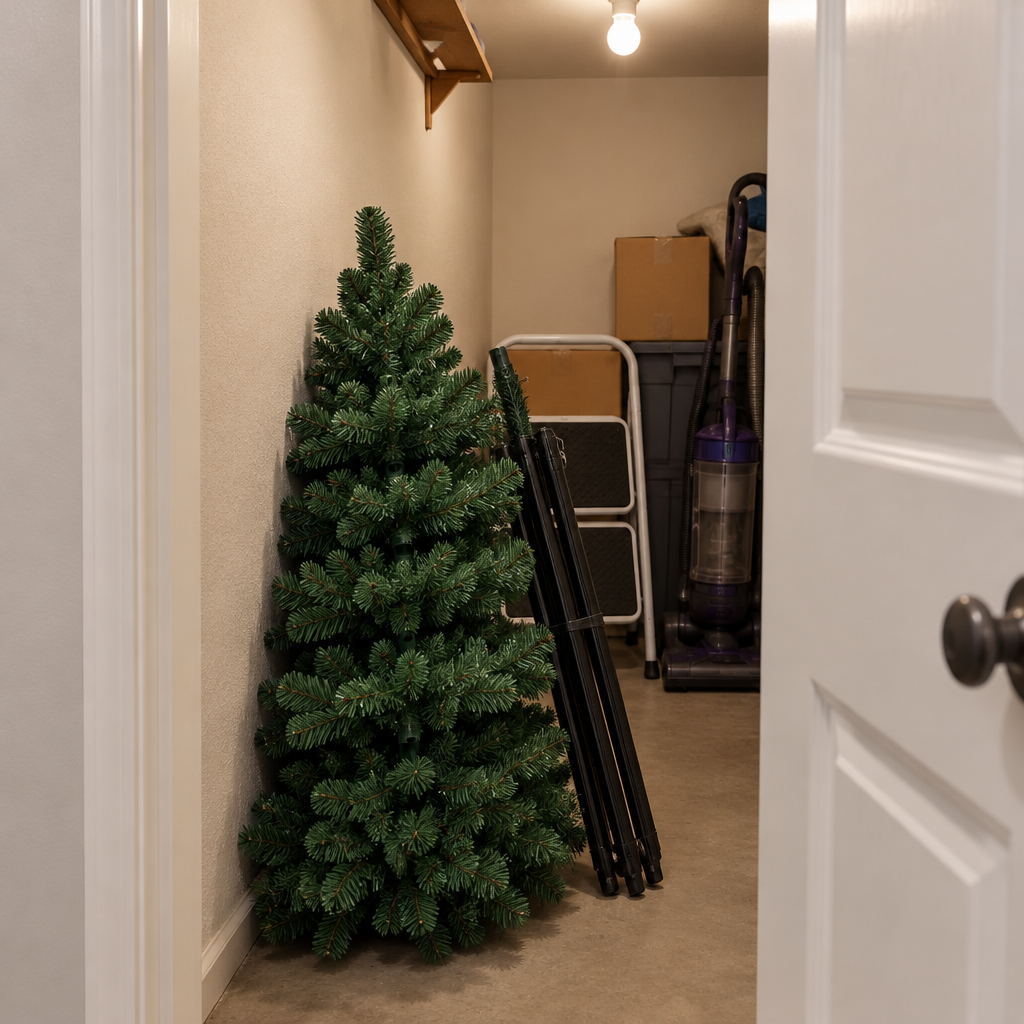 A photograph of the artificial Christmas tree from reference r08 after the holidays, separated into