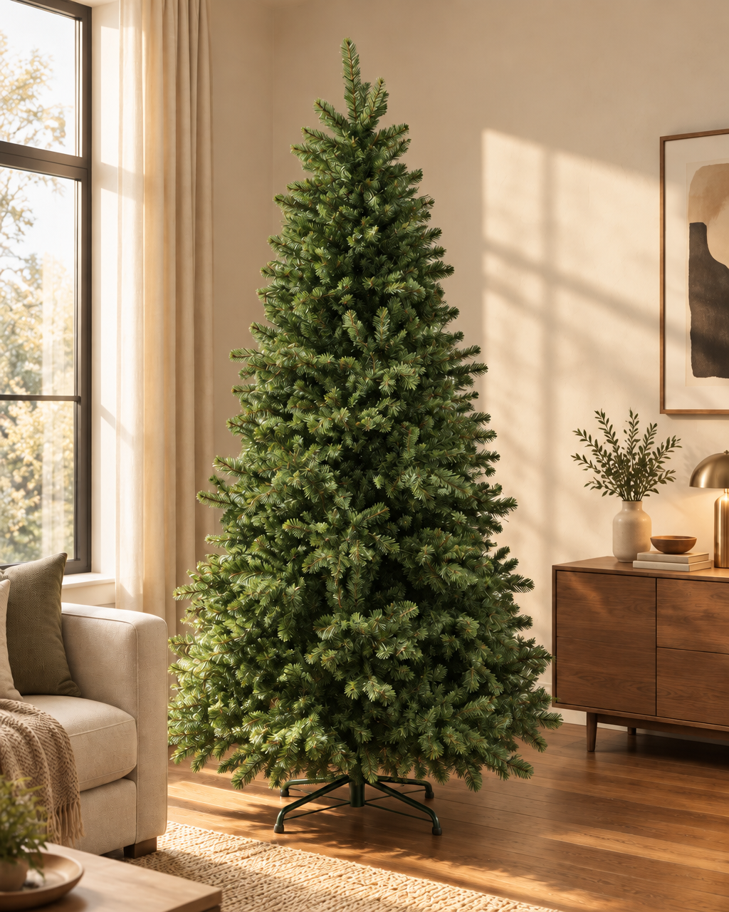 A photograph of the exact artificial fir tree in the reference, with its dense green branches, natur