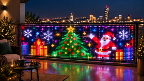 Panneau LED de Noël multicolore installé sur un balcon la nuit