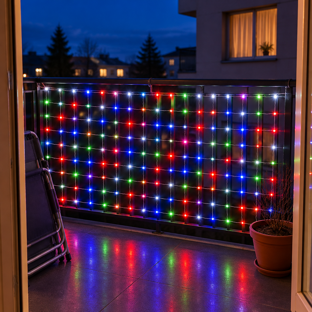 A square night photograph of the LED net garland from reference r05 stretched flat across the inside