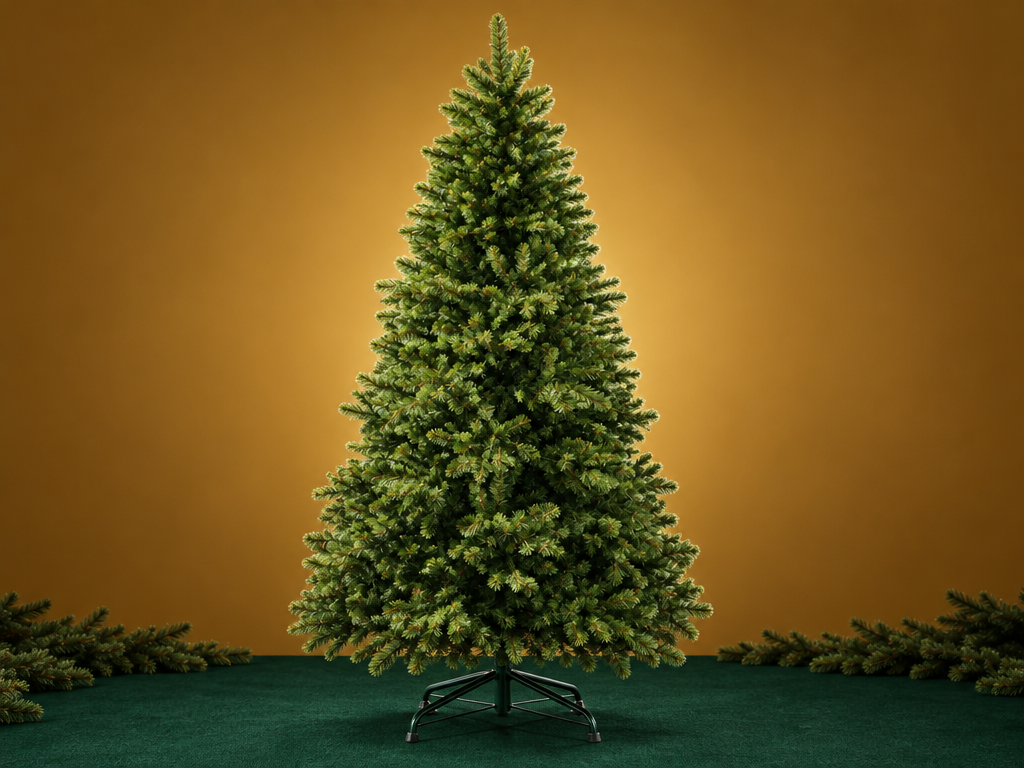 A studio photograph of the exact artificial fir tree in the reference, large and fully visible, with