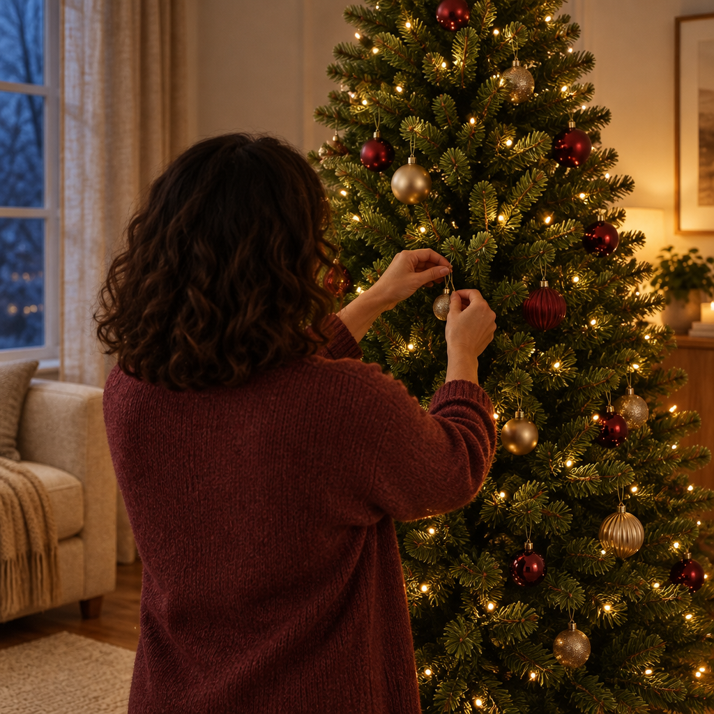 A photograph of the exact artificial fir tree in the reference, now dressed for Christmas by the hou