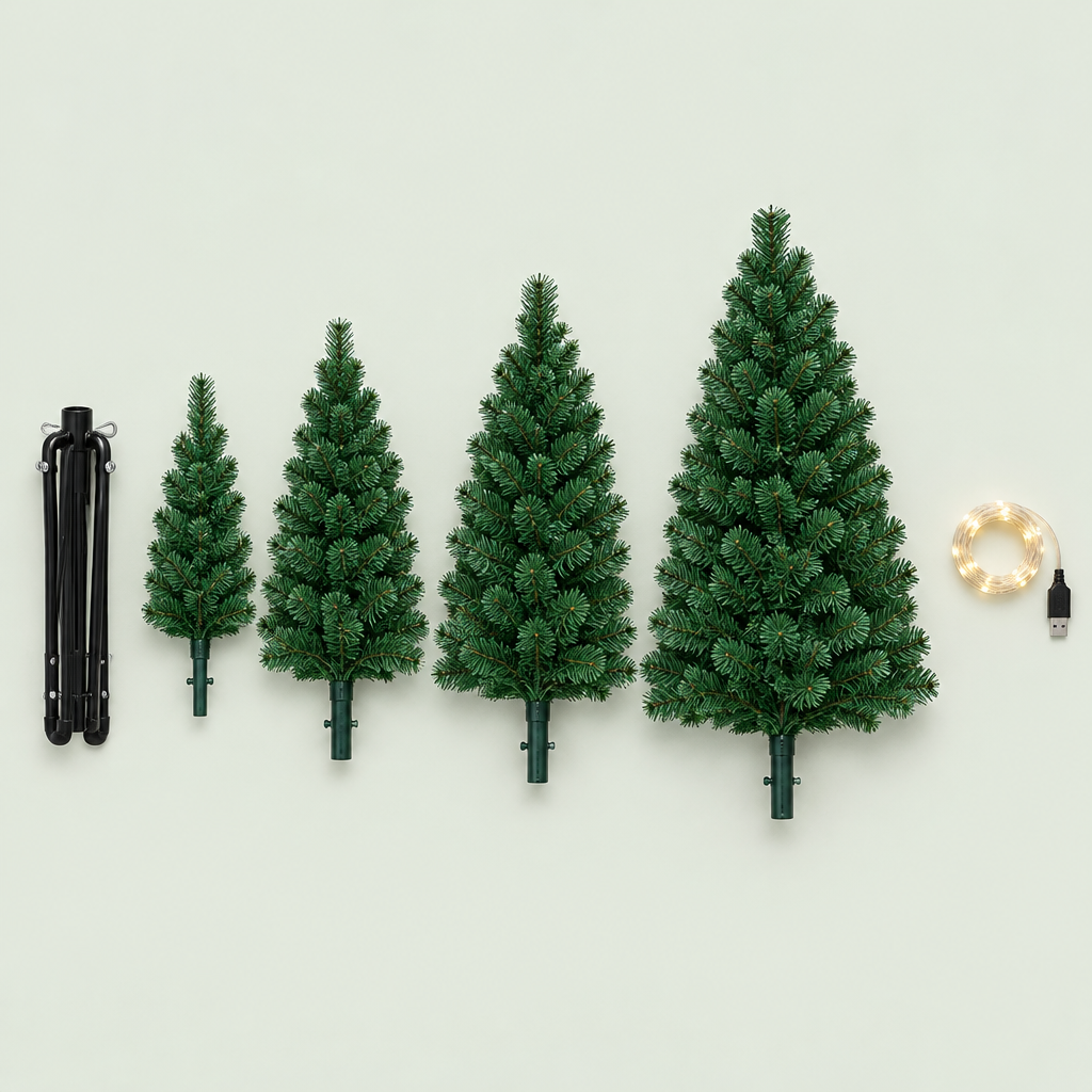 An overhead studio inventory photograph of the exact artificial Christmas tree components shown in r