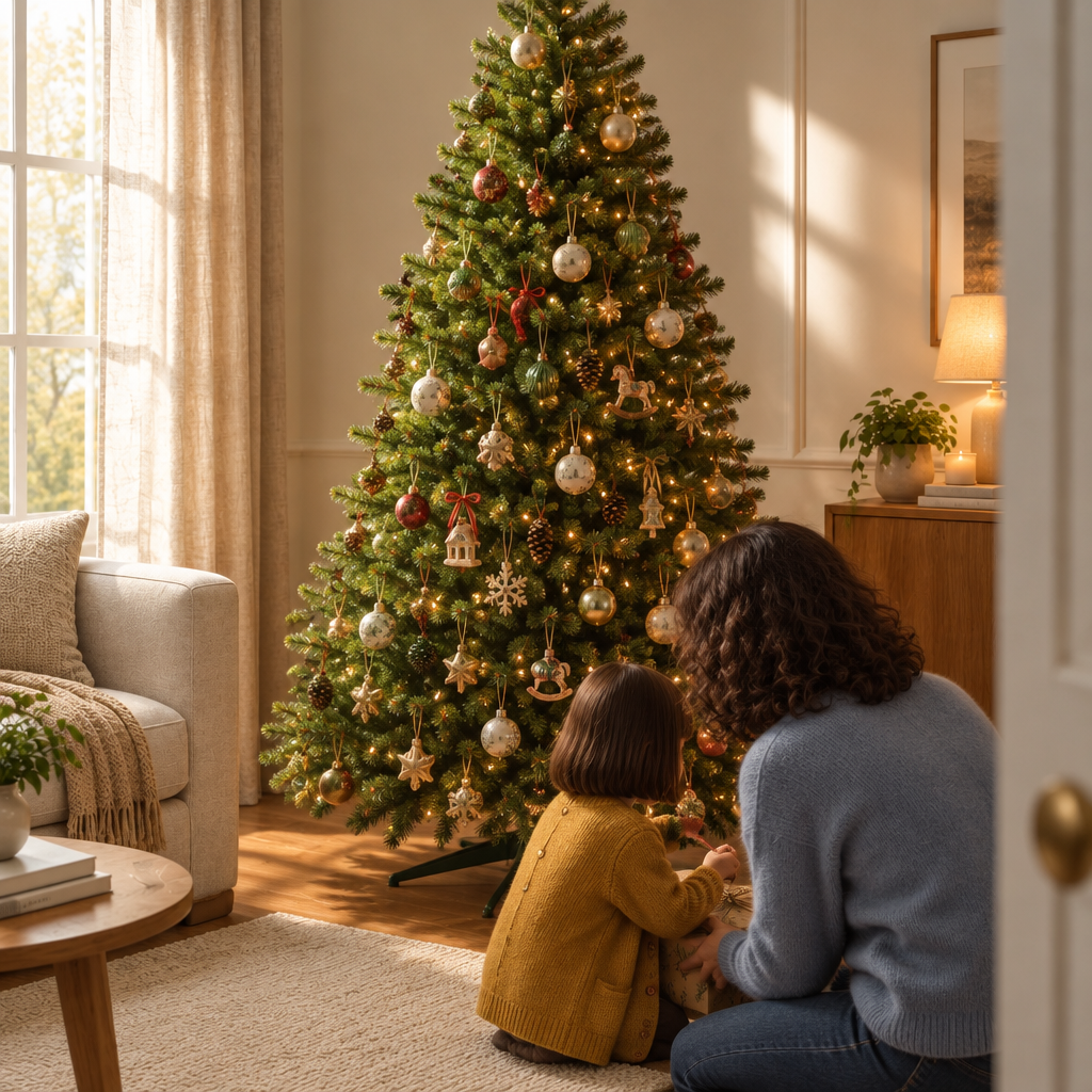 A photograph of the exact artificial fir tree in the reference, dressed with the household’s own orn
