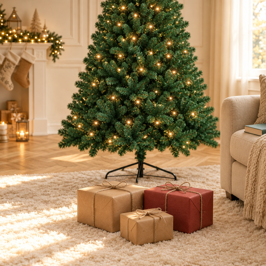 A square room photograph of a modest gift corner under the artificial tree from reference r21. Three
