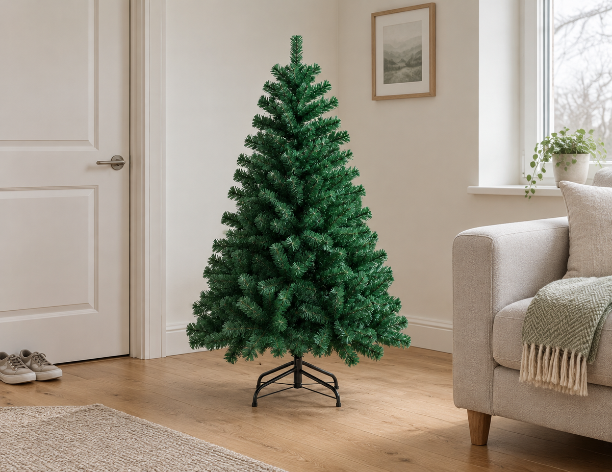 A room photograph showing the exact artificial Christmas tree from reference r12 in its unlit 120 cm