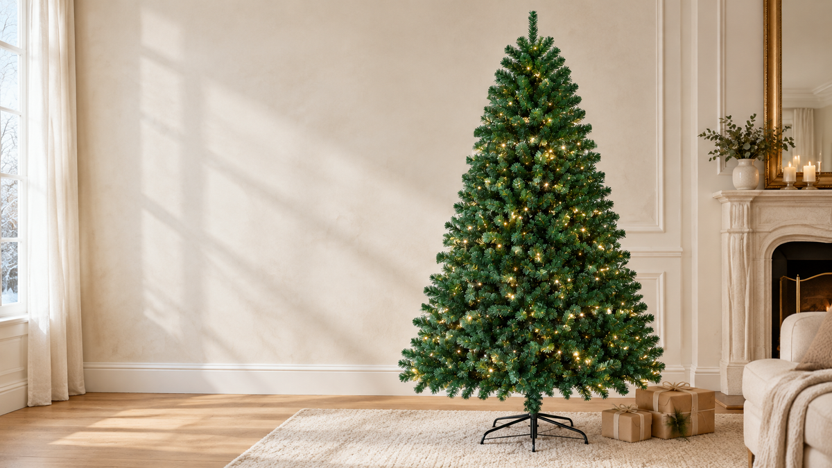 A landscape interior photograph of a 210 cm artificial Christmas tree matching reference r21: a full