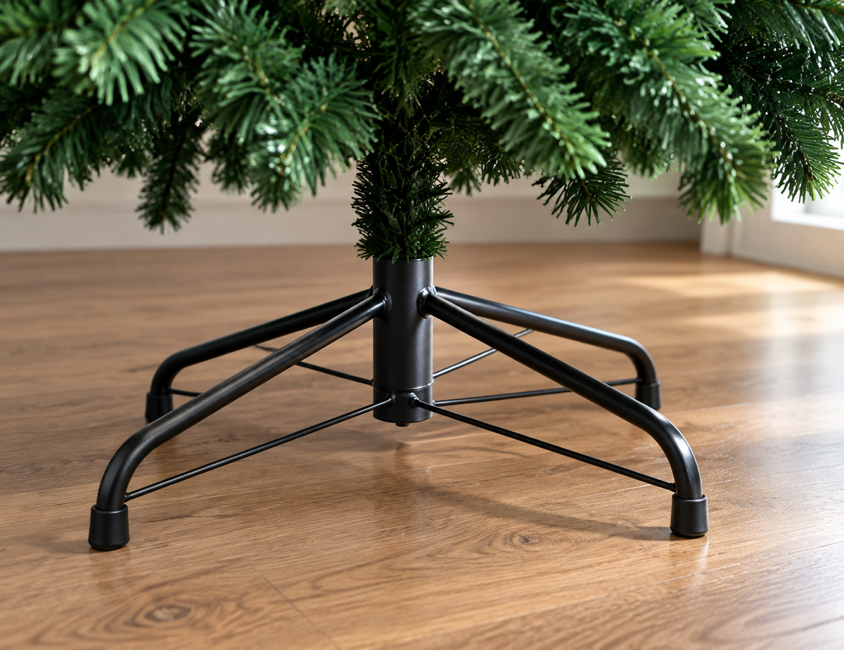 A low close photograph of the black metal stand from reference r04, attached to the lower trunk of t