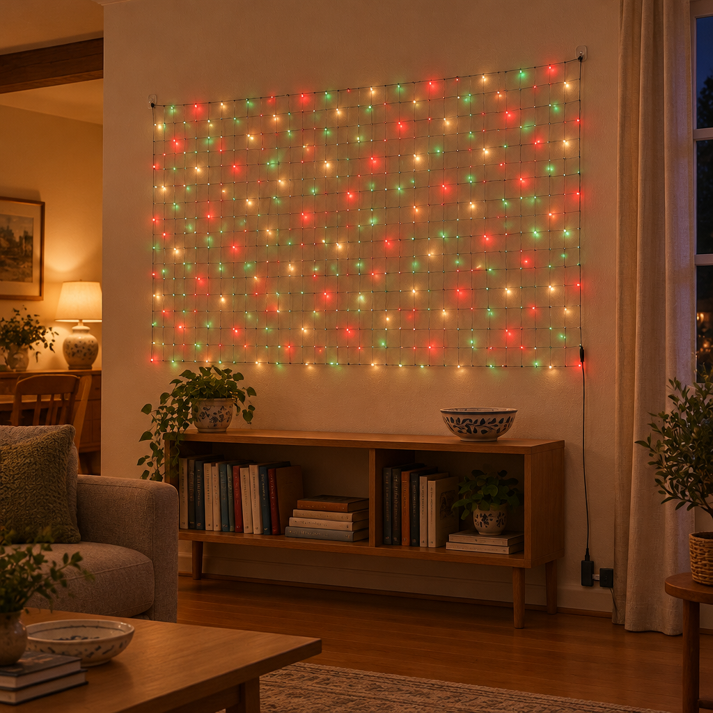 A square evening photograph of the LED net garland from reference r03 installed flat against one pla