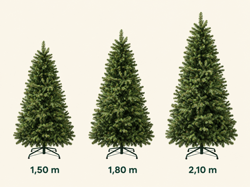 A clean comparison graphic on a uniform #FBF7EF background. Show three matching artificial fir trees