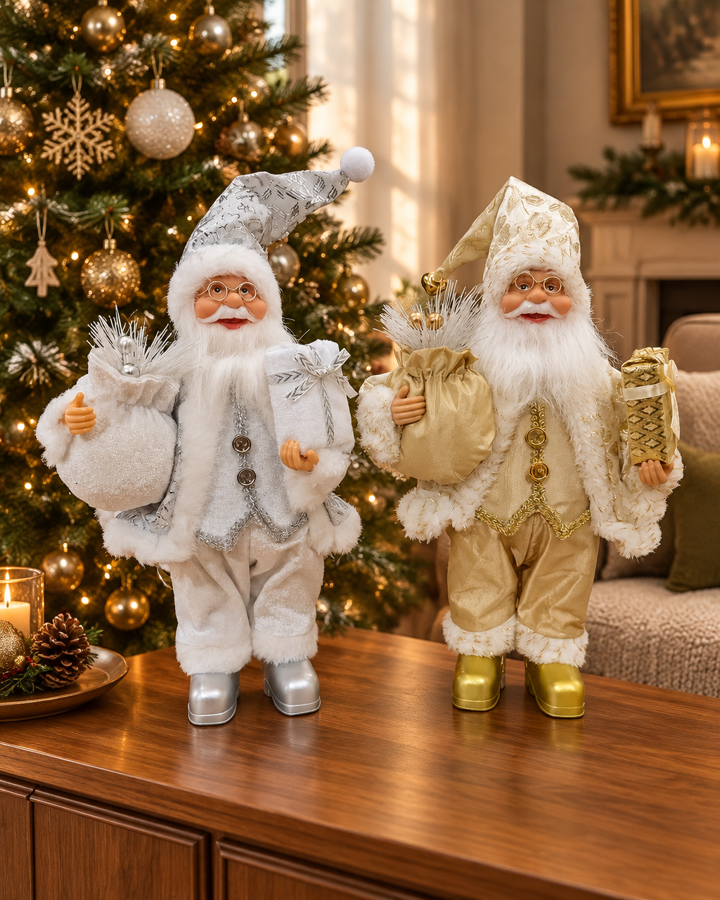 Deux figurines de Père Noël argentée et dorée sur une console près d’un sapin de Noël