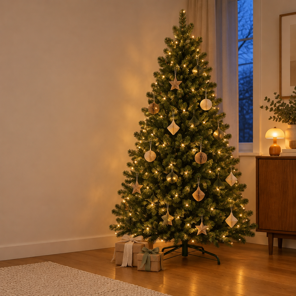 A photograph of the exact artificial fir tree in the reference, decorated by the household with its