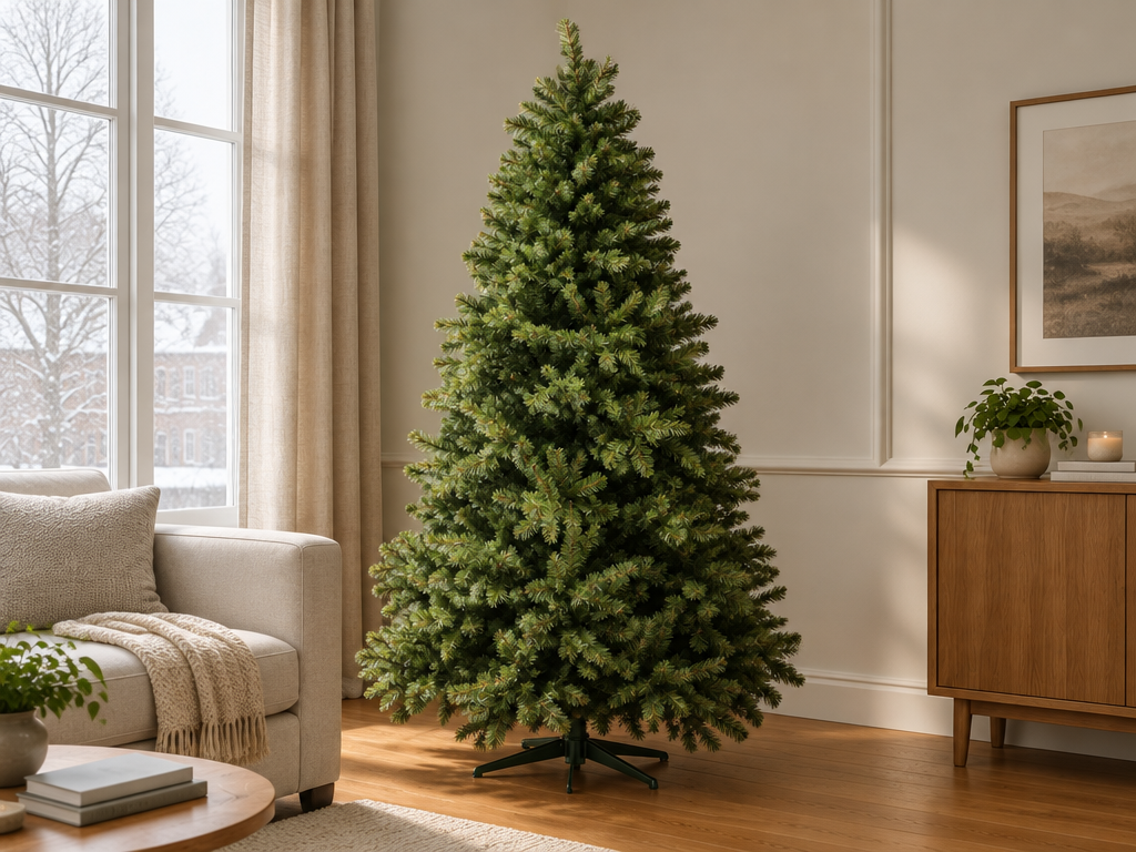 A photograph of the exact artificial fir tree in the reference, full-length with its dark metal stan