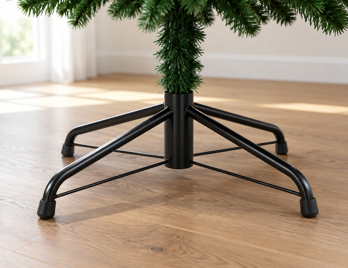 A floor-level macro photograph of the artificial tree's black metal stand matching reference r04. Fo