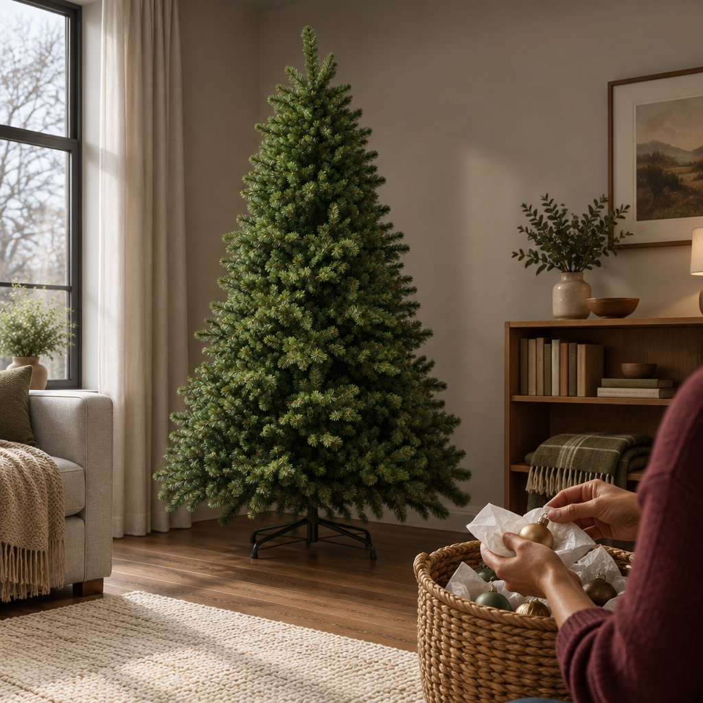 A photograph of the exact artificial fir tree in the reference, fully visible and now undecorated, w