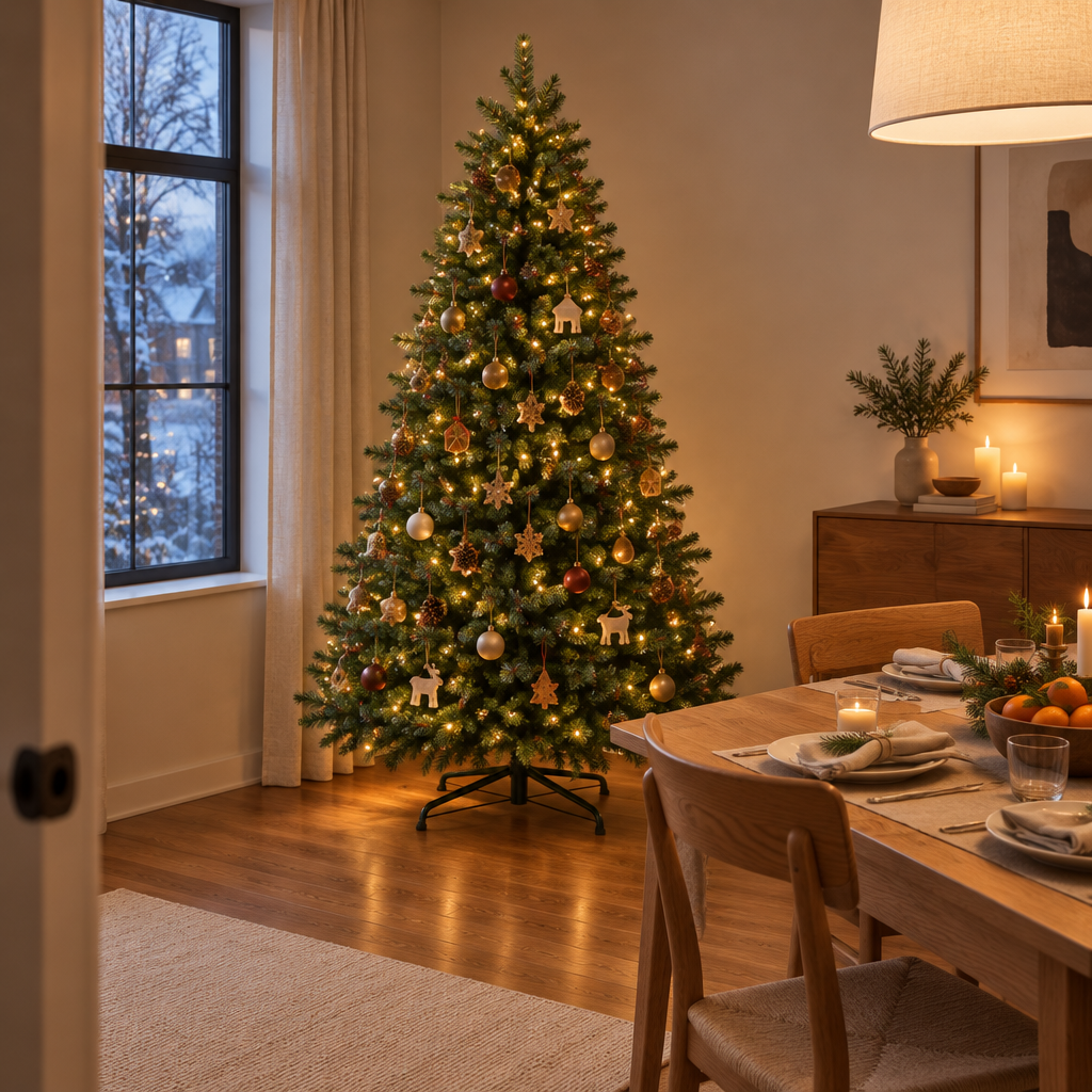 A photograph of the exact artificial fir tree in the reference, dressed by the household with their
