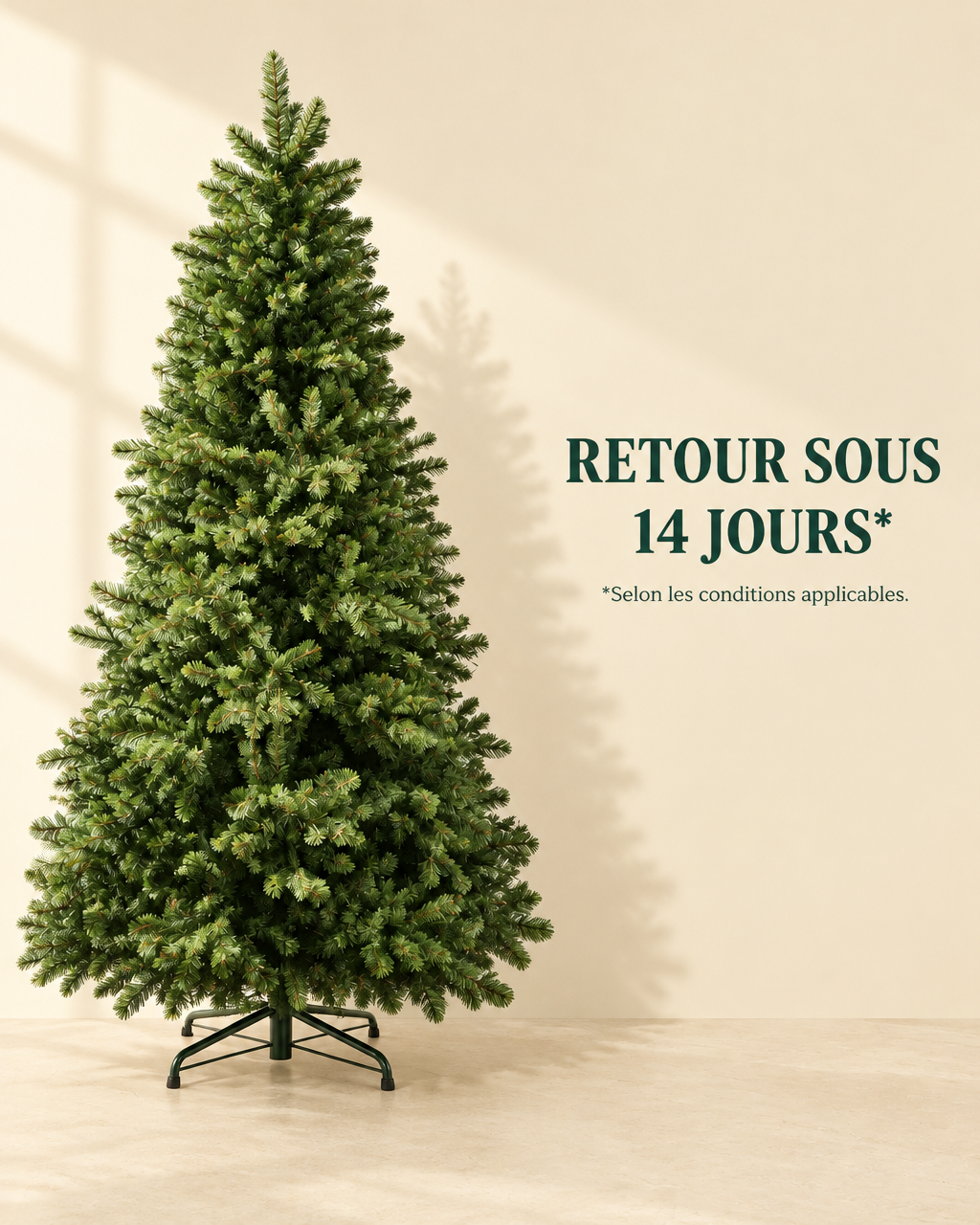 A graphic photograph of the exact artificial fir tree in the reference, standing full-length on a pa
