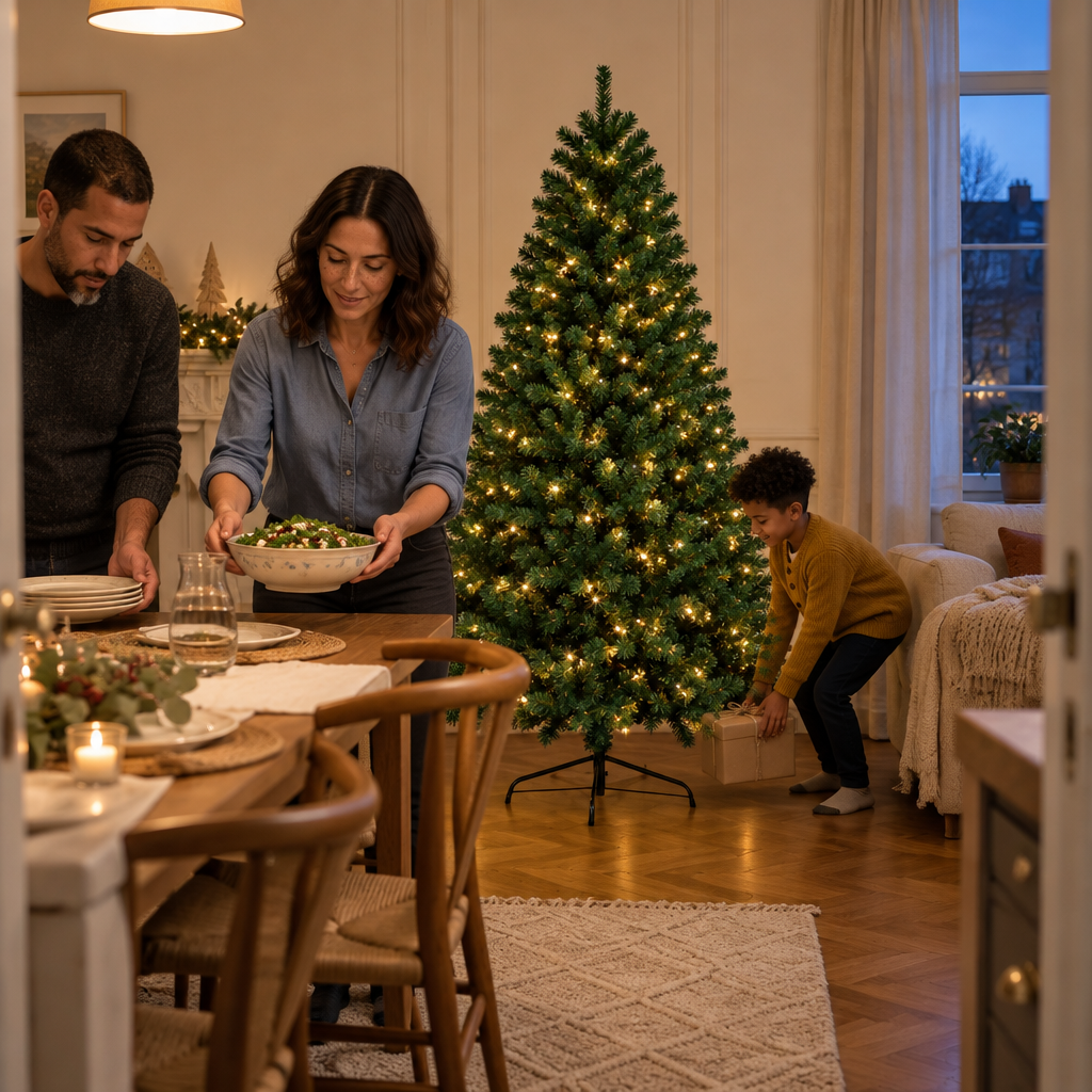 A square room photograph with the 210 cm artificial Christmas tree from reference r21 clearly visibl
