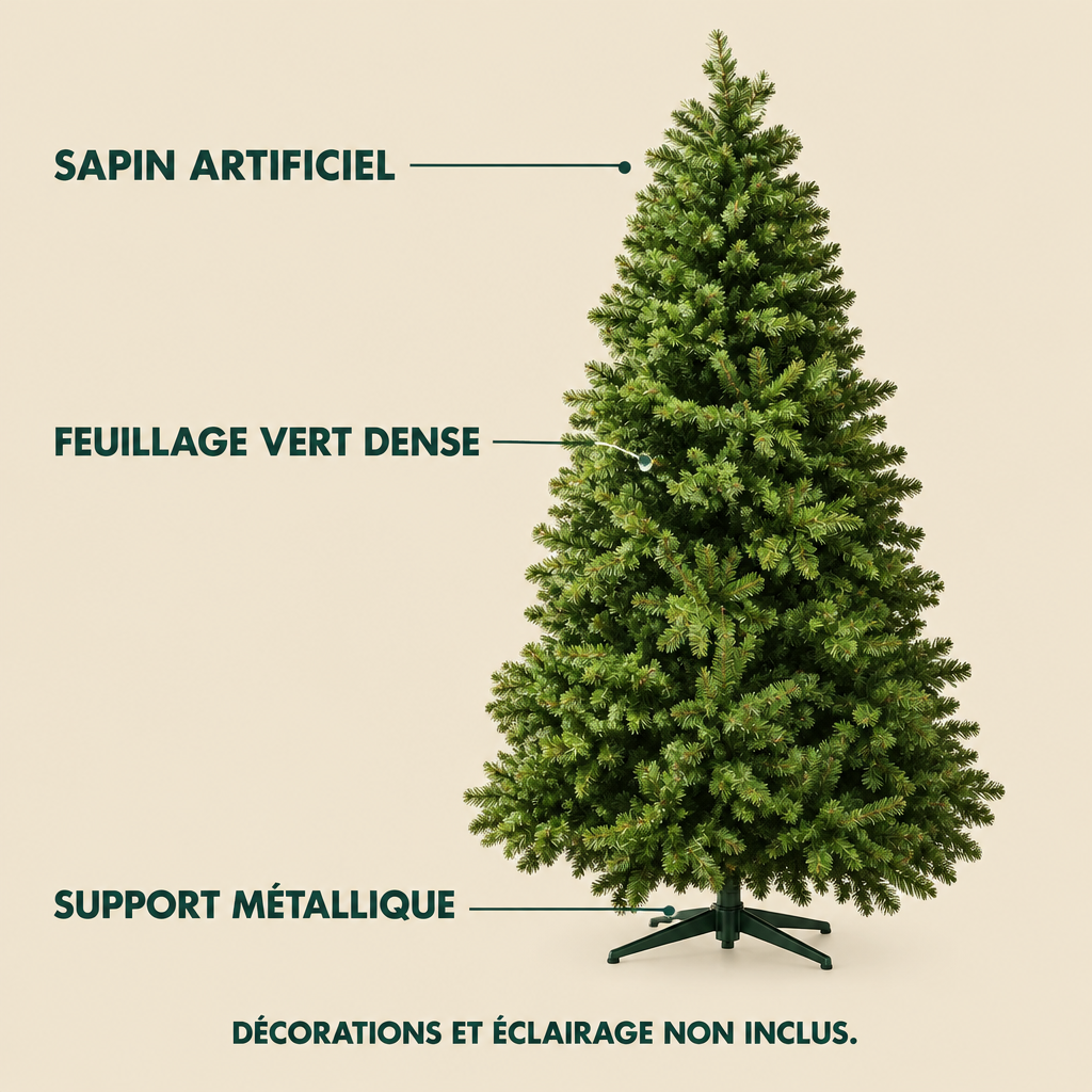 A clear product-content graphic on a uniform #F2E9DA background, using the exact artificial fir tree