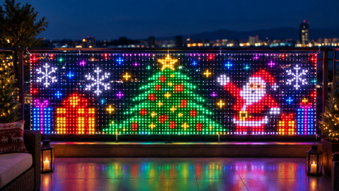 Guirlande LED filet de Noël formant un panneau lumineux sur un balcon la nuit